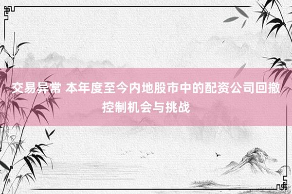 交易异常 本年度至今内地股市中的配资公司回撤控制机会与挑战